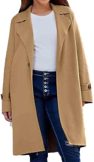 Womens Notched Shawl Collar Overcoat Botton Down Coats Wool Blend Mid Long Pea Trench Coat