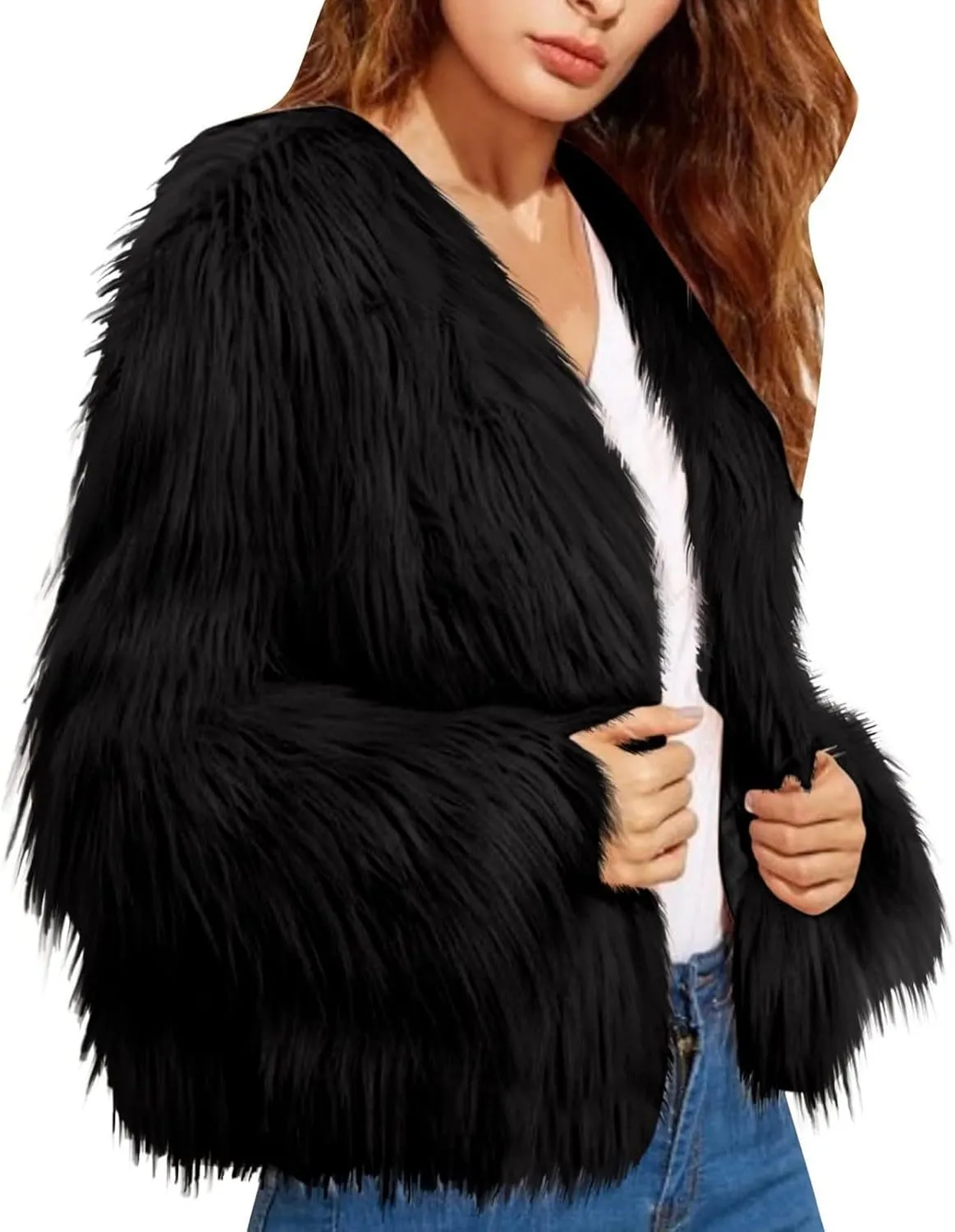 Womens Open Front Faux Fur Cardigan Winter Fashion Oversize Thermal Jackets Casual Long Sleeve Chunky Fuzzy Outwears
