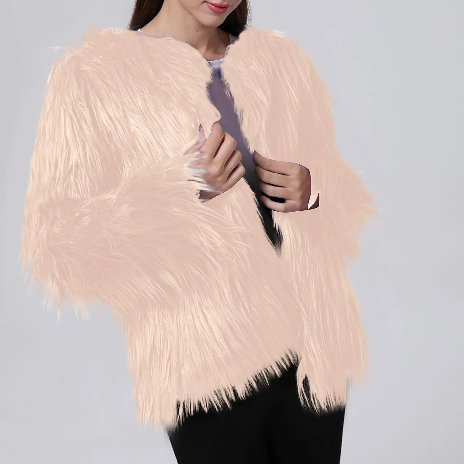 Womens Open Front Faux Fur Cardigan Winter Fashion Oversize Thermal Jackets Casual Long Sleeve Chunky Fuzzy Outwears