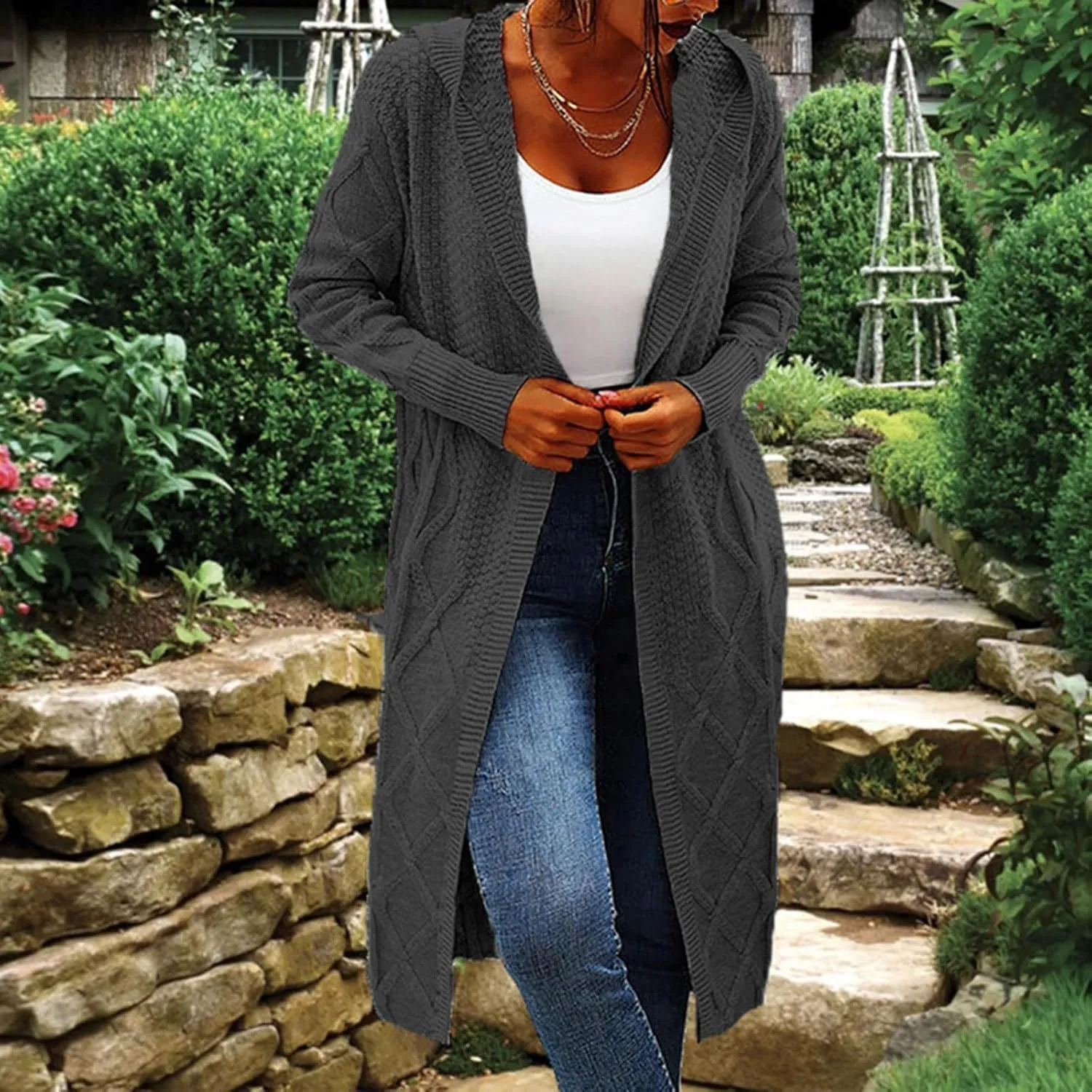 Womens Open Front Lightweight Cardigan Long Sleeve Loose Outwear Solid Color Knit Ribbed Neckline Cardigans Chunky Sweater