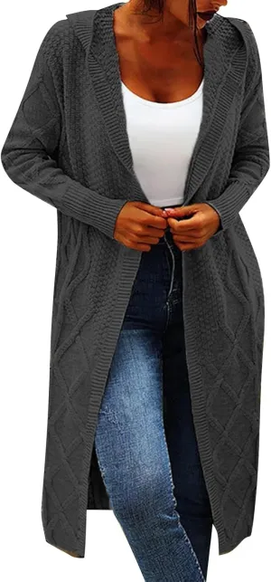 Womens Open Front Lightweight Cardigan Long Sleeve Loose Outwear Solid Color Knit Ribbed Neckline Cardigans Chunky Sweater