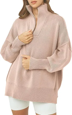Womens Oversized Sweaters Quarter Zip Stand Collar Pullover Long Sleeve Ribbed Knit Sweater Tops