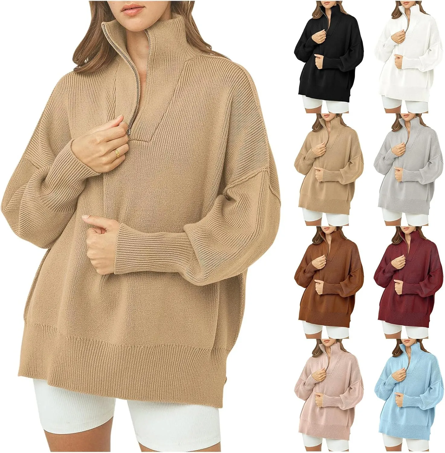 Womens Oversized Sweaters Quarter Zip Stand Collar Pullover Long Sleeve Ribbed Knit Sweater Tops