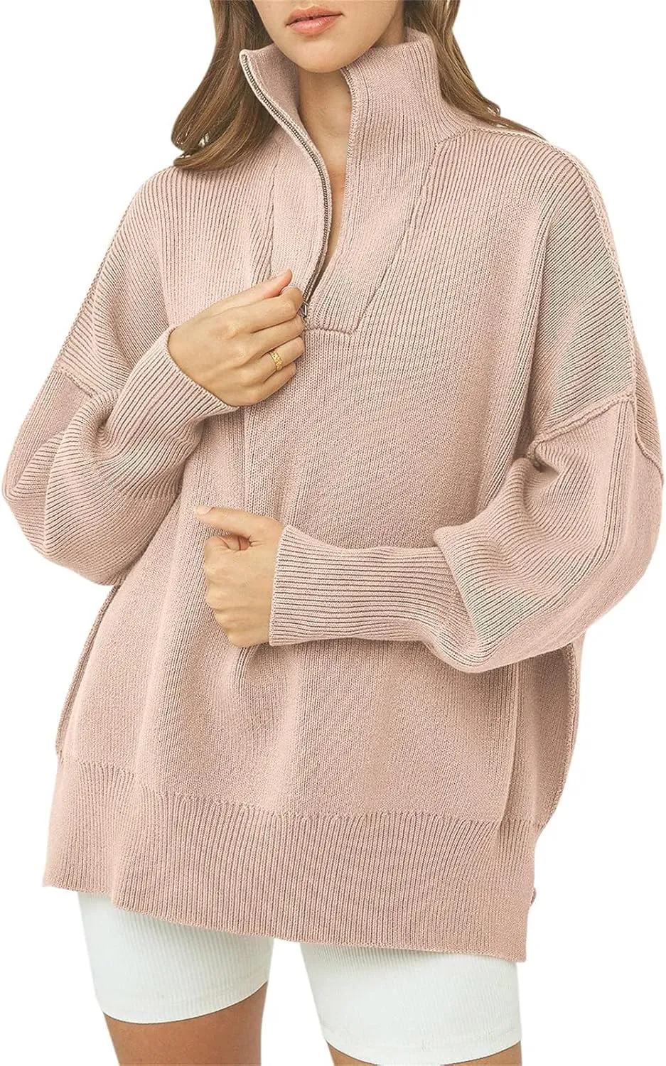 Womens Oversized Sweaters Quarter Zip Stand Collar Pullover Long Sleeve Ribbed Knit Sweater Tops