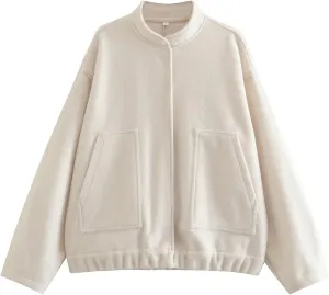 Women's Oversized Wool Blend Jackets Casual Button Down Varsity Jacket with Pockets 2024