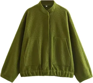 Women's Oversized Wool Blend Jackets Casual Button Down Varsity Jacket with Pockets 2024