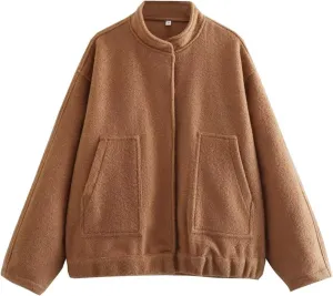 Women's Oversized Wool Blend Jackets Casual Button Down Varsity Jacket with Pockets 2024