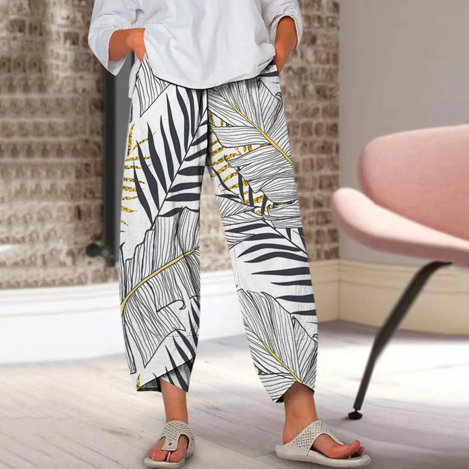 Women's Pants 2023 Summer Casual Fashion Printed Striped Cropped Trousers,Wide Leg Straight Lightweight Cold Pants