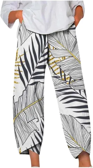 Women's Pants 2023 Summer Casual Fashion Printed Striped Cropped Trousers,Wide Leg Straight Lightweight Cold Pants