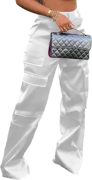 Women's Satin Cargo Wide Leg Pants Silky Dressy Relaxed Casual Pocketed Long Trouser