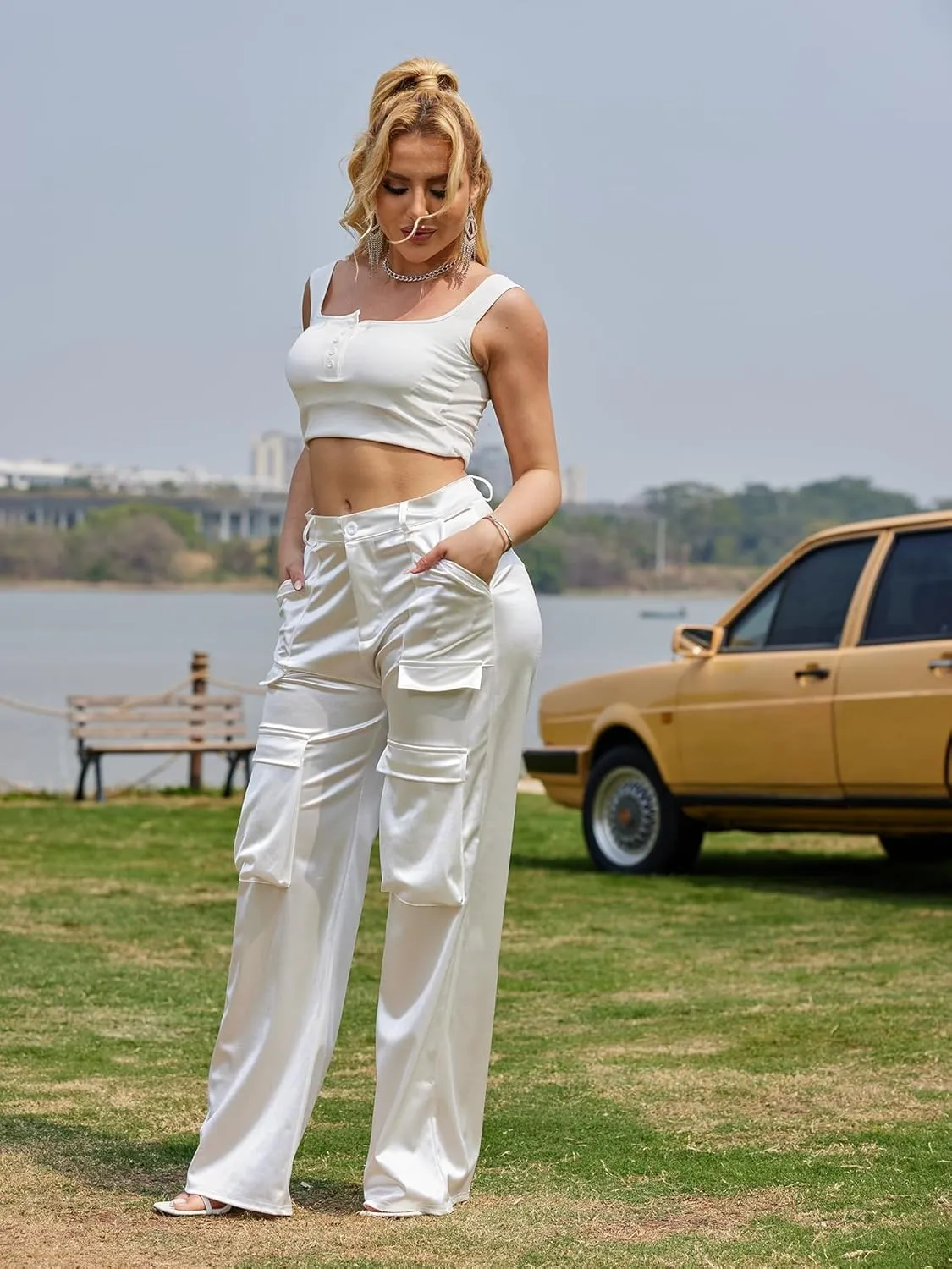 Women's Satin Cargo Wide Leg Pants Silky Dressy Relaxed Casual Pocketed Long Trouser