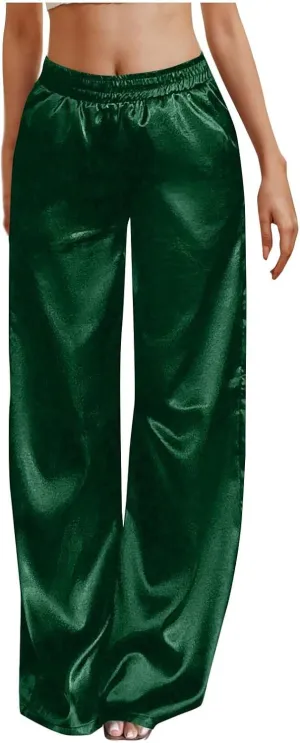Women's Satin Pajama Pants Wide Leg Sweatpants Elastic Waist Summer Casual Sports Trousers with Pockets