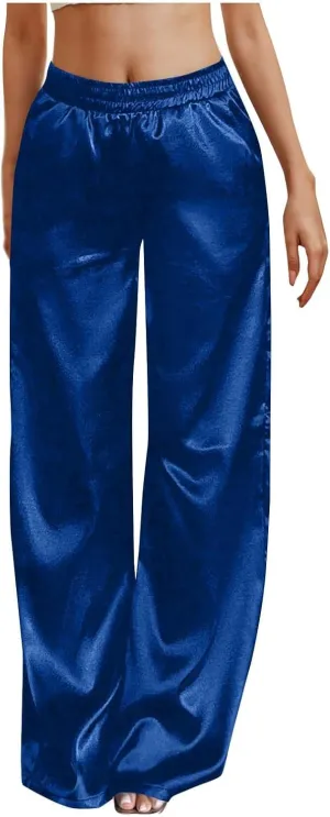 Women's Satin Pajama Pants Wide Leg Sweatpants Elastic Waist Summer Casual Sports Trousers with Pockets