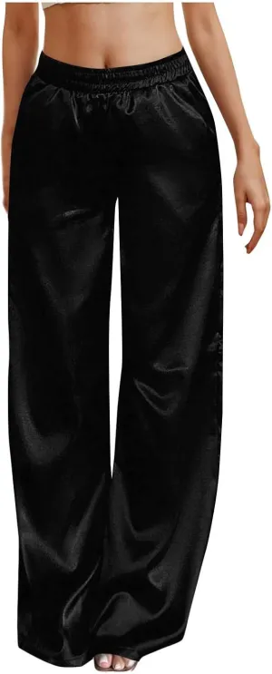 Women's Satin Pajama Pants Wide Leg Sweatpants Elastic Waist Summer Casual Sports Trousers with Pockets