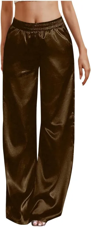 Women's Satin Pajama Pants Wide Leg Sweatpants Elastic Waist Summer Casual Sports Trousers with Pockets