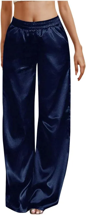 Women's Satin Pajama Pants Wide Leg Sweatpants Elastic Waist Summer Casual Sports Trousers with Pockets