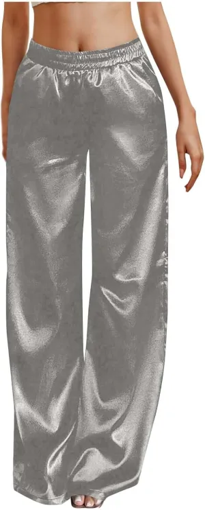 Women's Satin Pajama Pants Wide Leg Sweatpants Elastic Waist Summer Casual Sports Trousers with Pockets