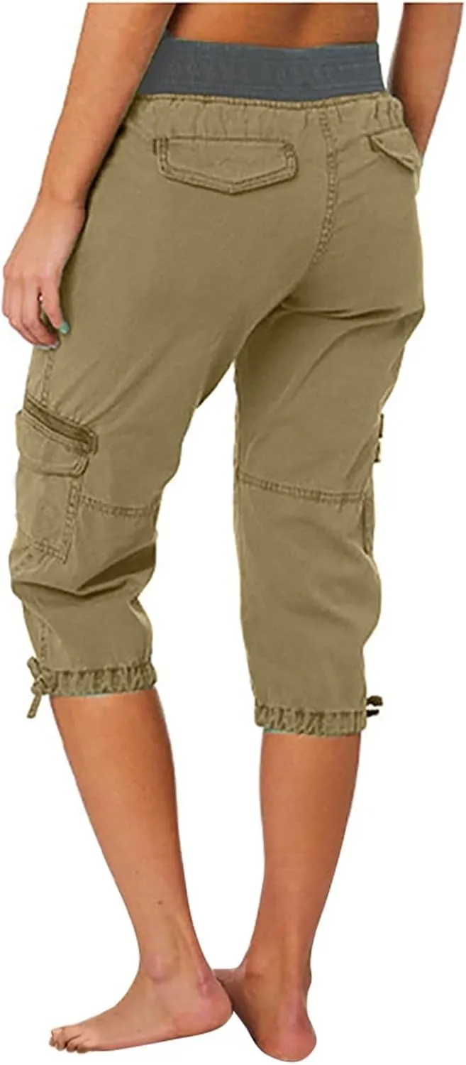 Womens Short Cargo Pants 2025 Summer Trendy Casual Drawstring Capri Pants Cropped Pants with Pocket