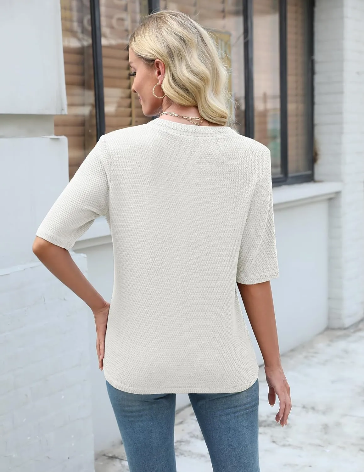 Women's Summer Button Down Shirts Casual Short Sleeve Crew Neck Ribbed Knit Blouse Open Front Work Cardigans