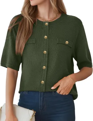 Women's Summer Button Down Shirts Casual Short Sleeve Crew Neck Ribbed Knit Blouse Open Front Work Cardigans