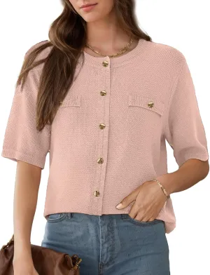Women's Summer Button Down Shirts Casual Short Sleeve Crew Neck Ribbed Knit Blouse Open Front Work Cardigans