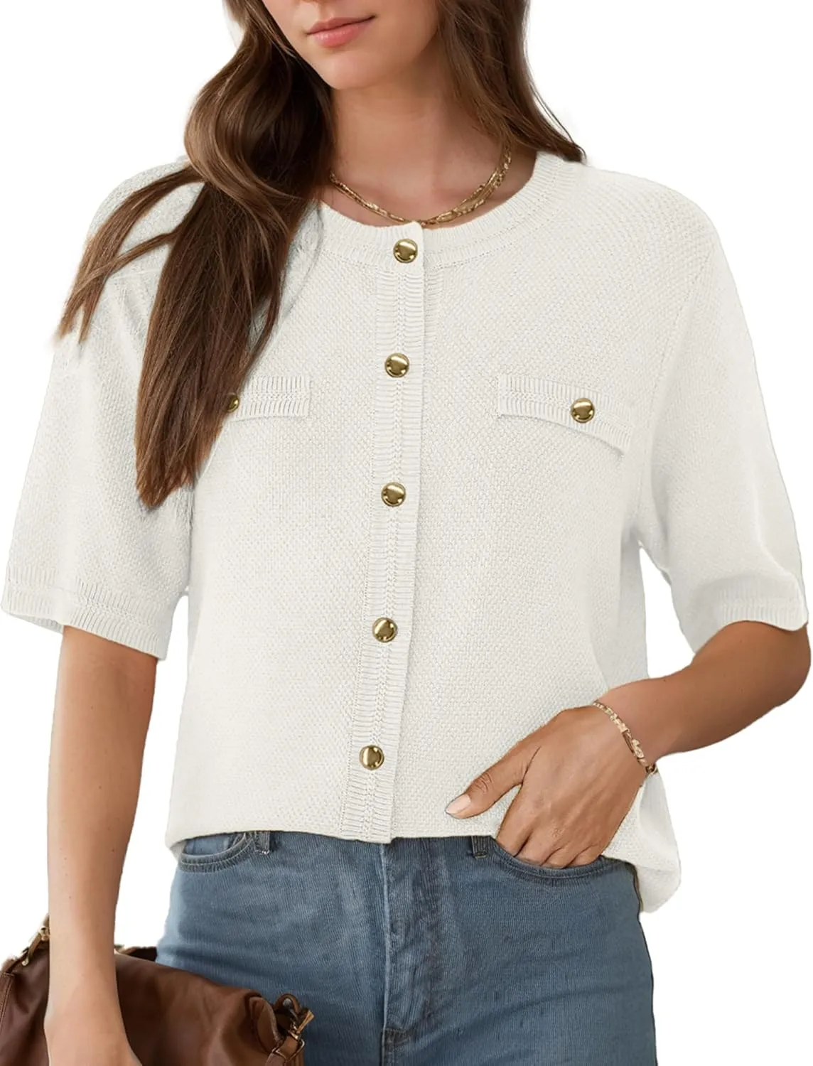 Women's Summer Button Down Shirts Casual Short Sleeve Crew Neck Ribbed Knit Blouse Open Front Work Cardigans