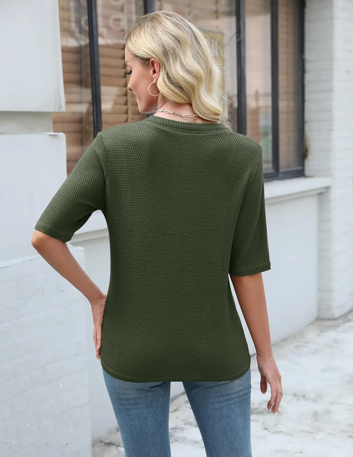 Women's Summer Button Down Shirts Casual Short Sleeve Crew Neck Ribbed Knit Blouse Open Front Work Cardigans