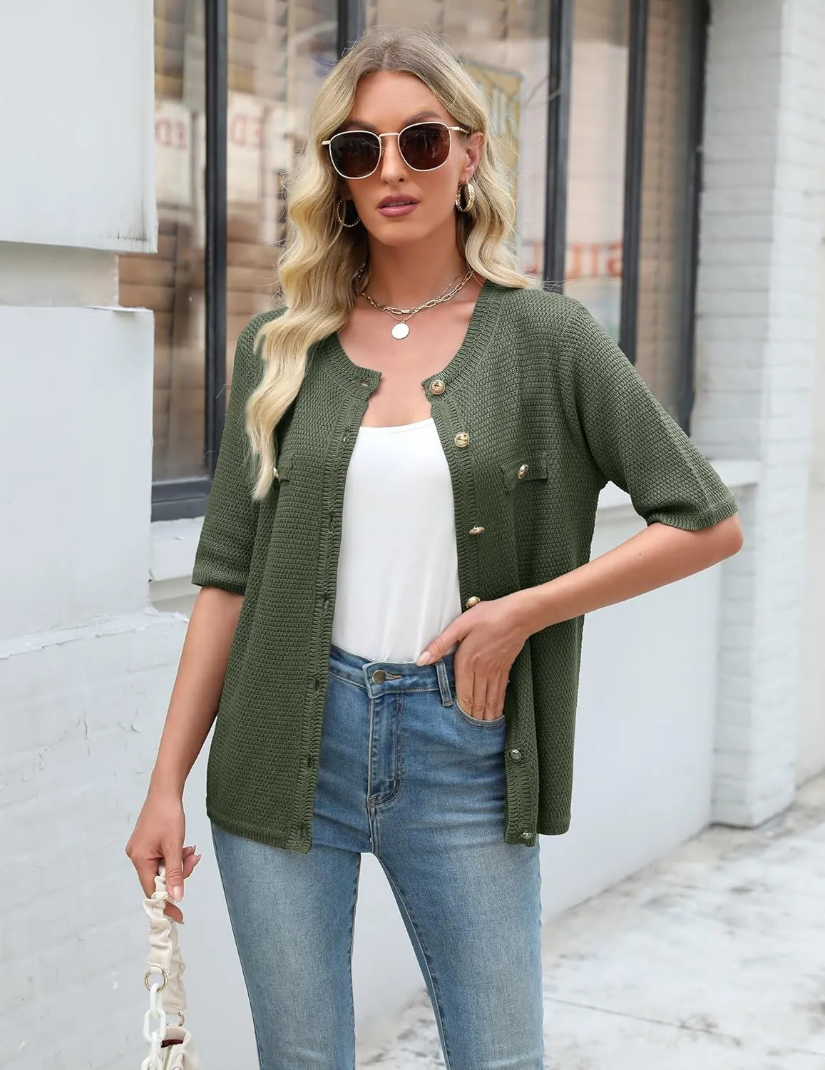 Women's Summer Button Down Shirts Casual Short Sleeve Crew Neck Ribbed Knit Blouse Open Front Work Cardigans