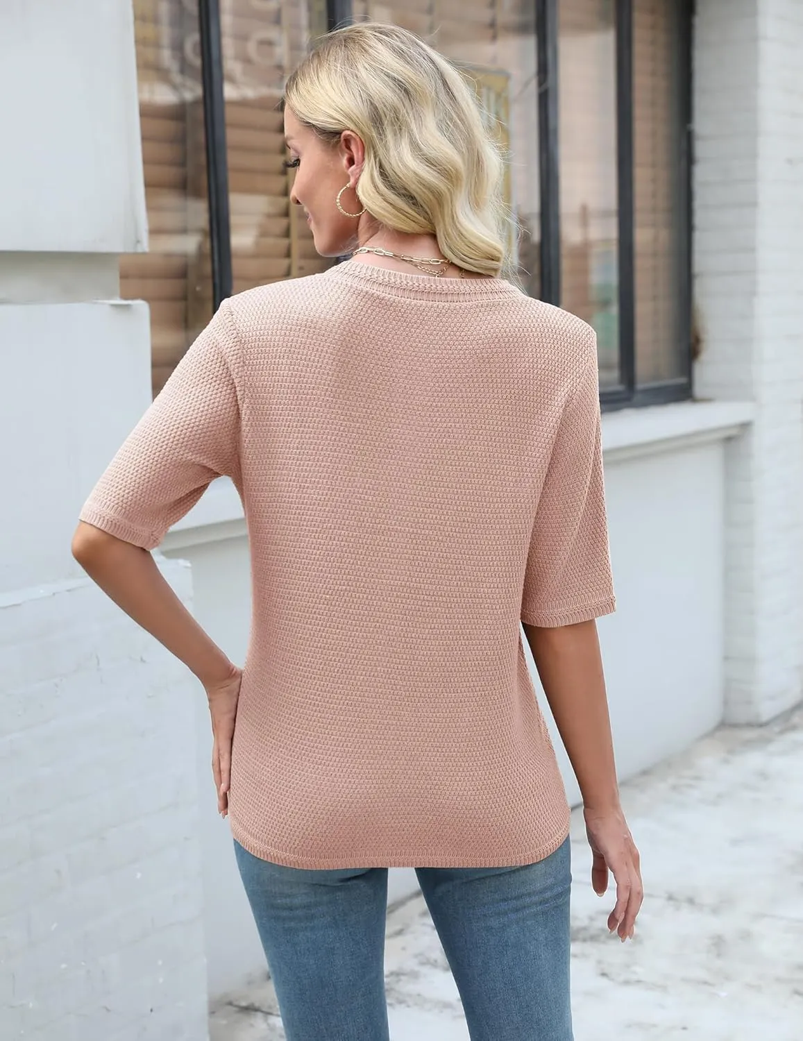 Women's Summer Button Down Shirts Casual Short Sleeve Crew Neck Ribbed Knit Blouse Open Front Work Cardigans