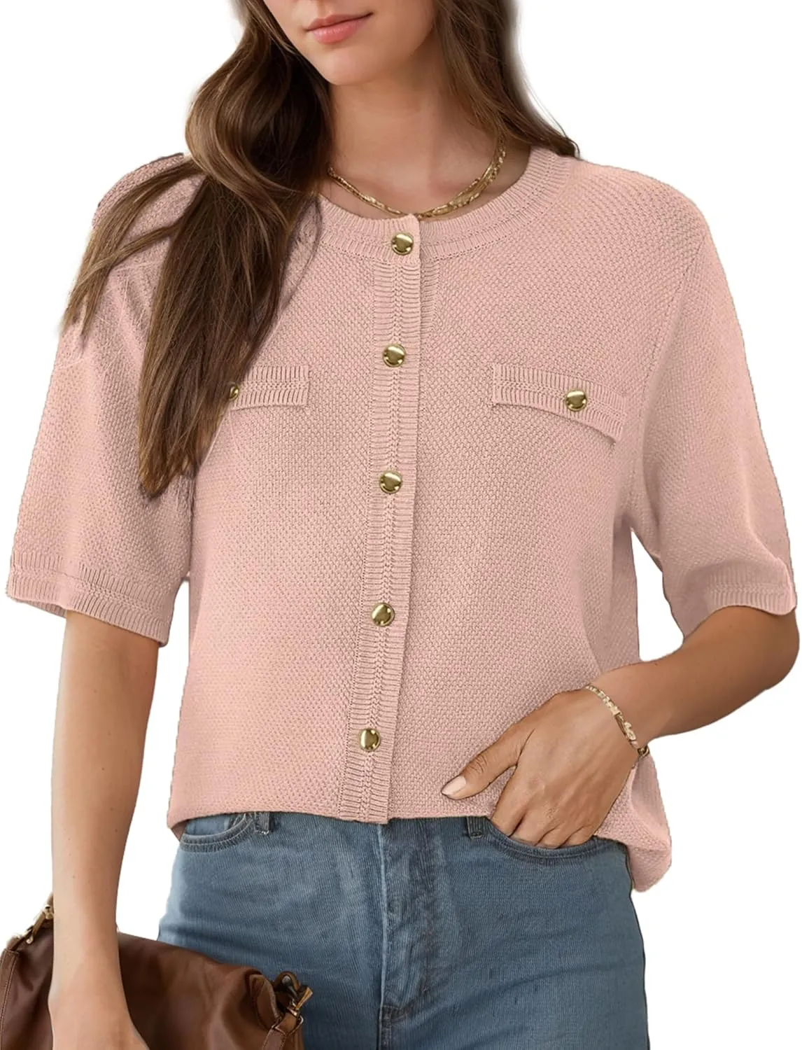 Women's Summer Button Down Shirts Casual Short Sleeve Crew Neck Ribbed Knit Blouse Open Front Work Cardigans