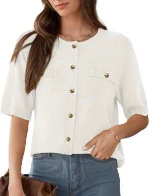 Women's Summer Button Down Shirts Casual Short Sleeve Crew Neck Ribbed Knit Blouse Open Front Work Cardigans
