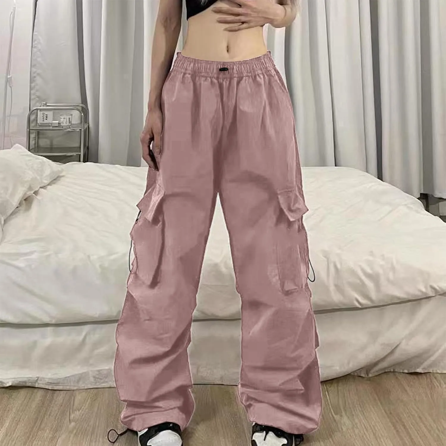 Women's Summer Cargo Parachute Pants Loose Fit Baggy Pants Elastic Drawstring Low Waist Multiple Pockets
