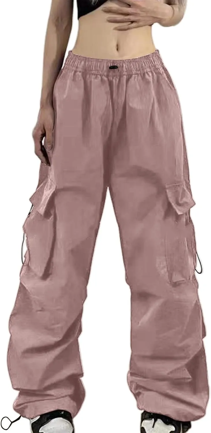 Women's Summer Cargo Parachute Pants Loose Fit Baggy Pants Elastic Drawstring Low Waist Multiple Pockets