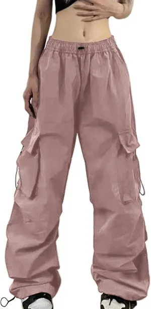 Women's Summer Cargo Parachute Pants Loose Fit Baggy Pants Elastic Drawstring Low Waist Multiple Pockets