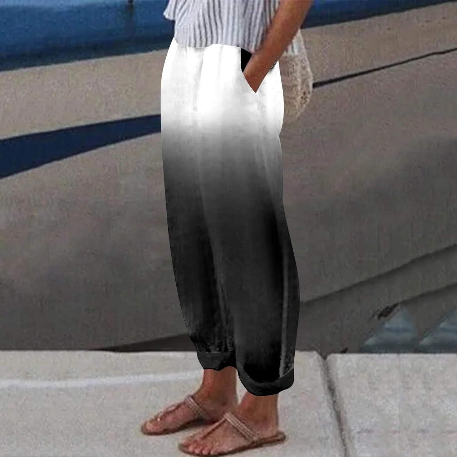 Women's Summer Trendy Casual Pants Gradient Printed Elastic Waist Straight Leg Pants Loose Streetwear Long Trousers