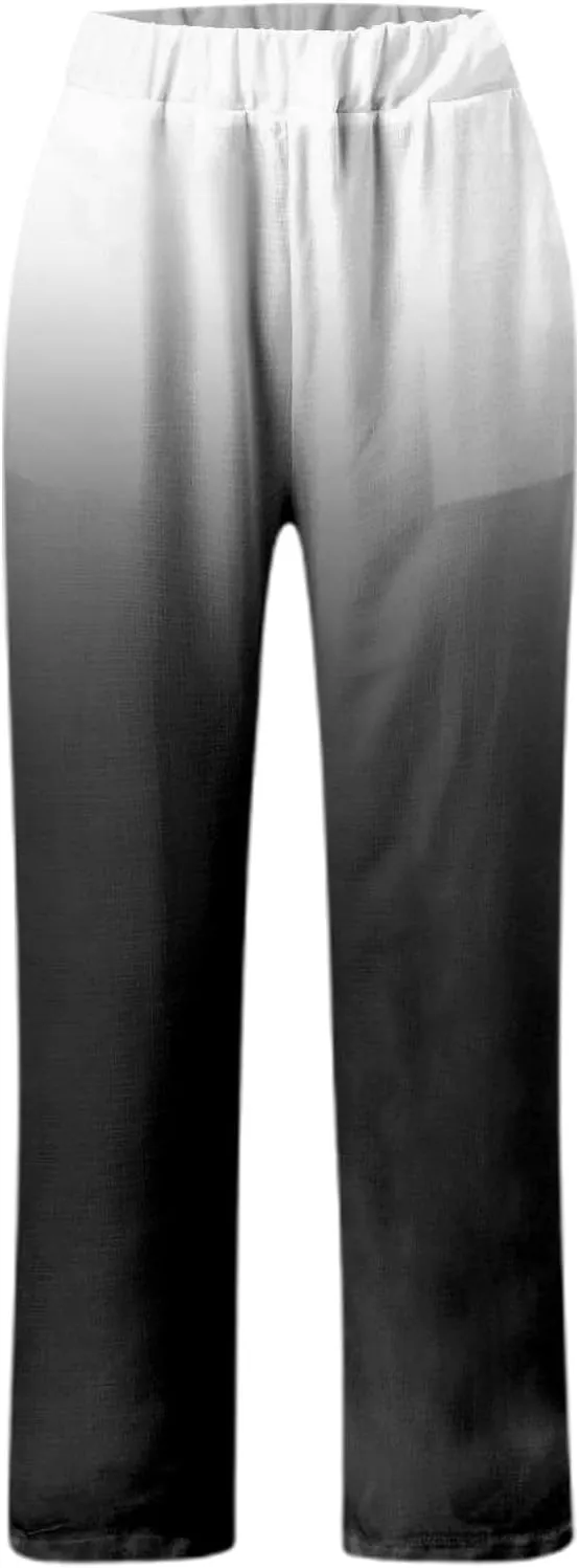 Women's Summer Trendy Casual Pants Gradient Printed Elastic Waist Straight Leg Pants Loose Streetwear Long Trousers