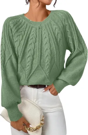 Women's Sweater for Fall Winter Casual Trendy Crew Neck Long Sleeve Loose Cable Knit Ribbed Short Sweater, S-XL