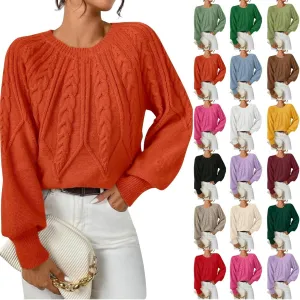 Women's Sweater for Fall Winter Casual Trendy Crew Neck Long Sleeve Loose Cable Knit Ribbed Short Sweater, S-XL