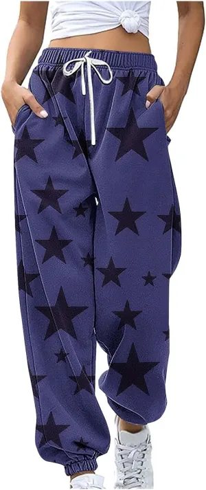 Womens Sweatpants Bound Feet Athletic Drawstring Printed Baggy Joggers with Pockets Comfy Soft Fashion Lounge Pants