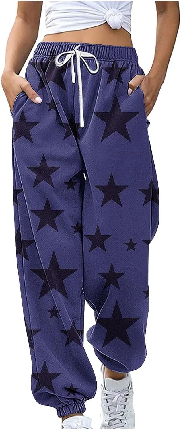 Womens Sweatpants Bound Feet Athletic Drawstring Printed Baggy Joggers with Pockets Comfy Soft Fashion Lounge Pants