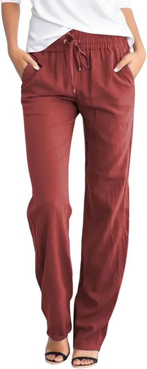 Womens Tapered Pants Straight Leg Solid Color Elastic High Waist Loose Lightweight Lounge Pants with Pockets