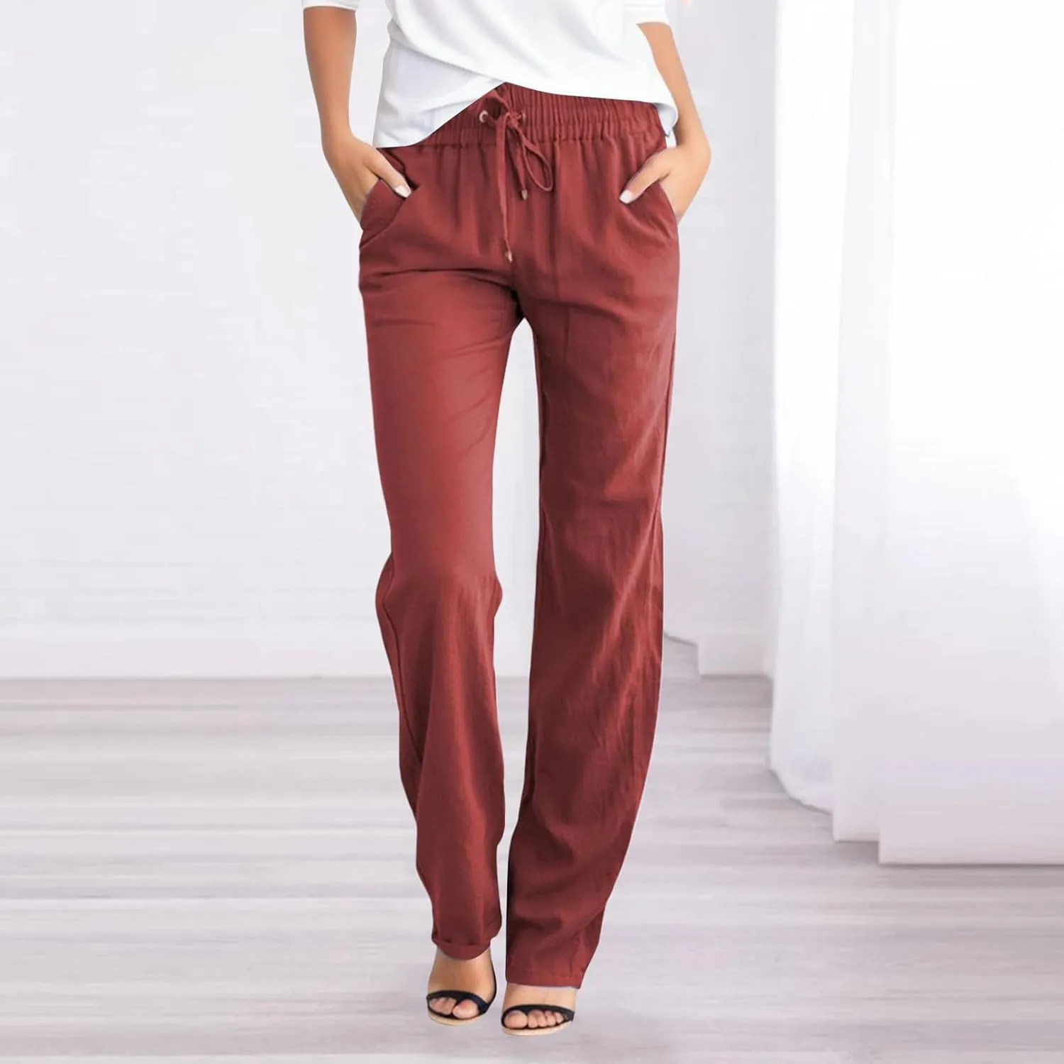 Womens Tapered Pants Straight Leg Solid Color Elastic High Waist Loose Lightweight Lounge Pants with Pockets