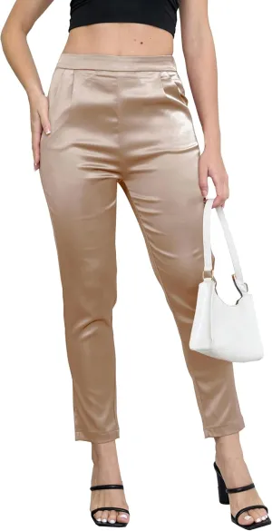 Women's Tapered Satin Pants Elastic Waist Business Work Casual Ankle Cropped Shiny Pants with Pockets