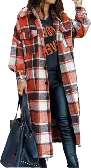 Womens Trench Coat Long Plaid Jacket Button Down Wool Blend Coat Long Sleeve Overcoat Casual Oversized Pea Coat