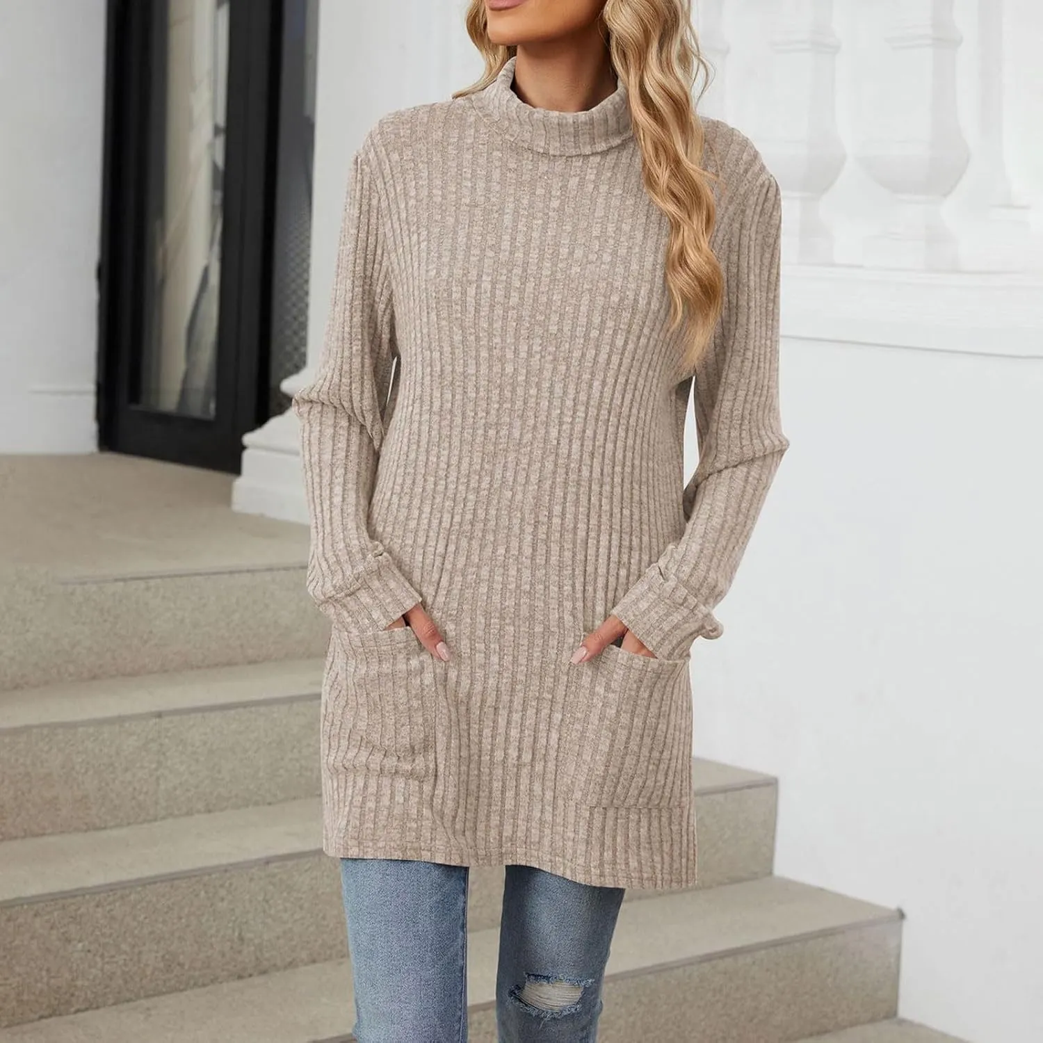 Womens Tunic Tops Sweater Turtleneck Long Sleeve Shirts Oversized Sweaters Pullover with Pockets Fall Fashion 2024