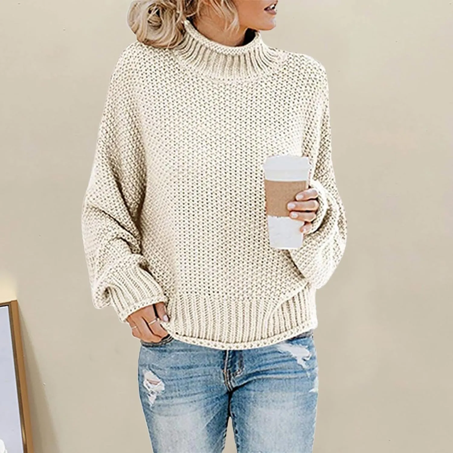 Womens Turtleneck Sweater Oversized Batwing Sleeve Chunky Knitted Pullover Sweater Jumper