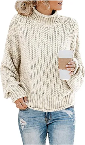 Womens Turtleneck Sweater Oversized Batwing Sleeve Chunky Knitted Pullover Sweater Jumper