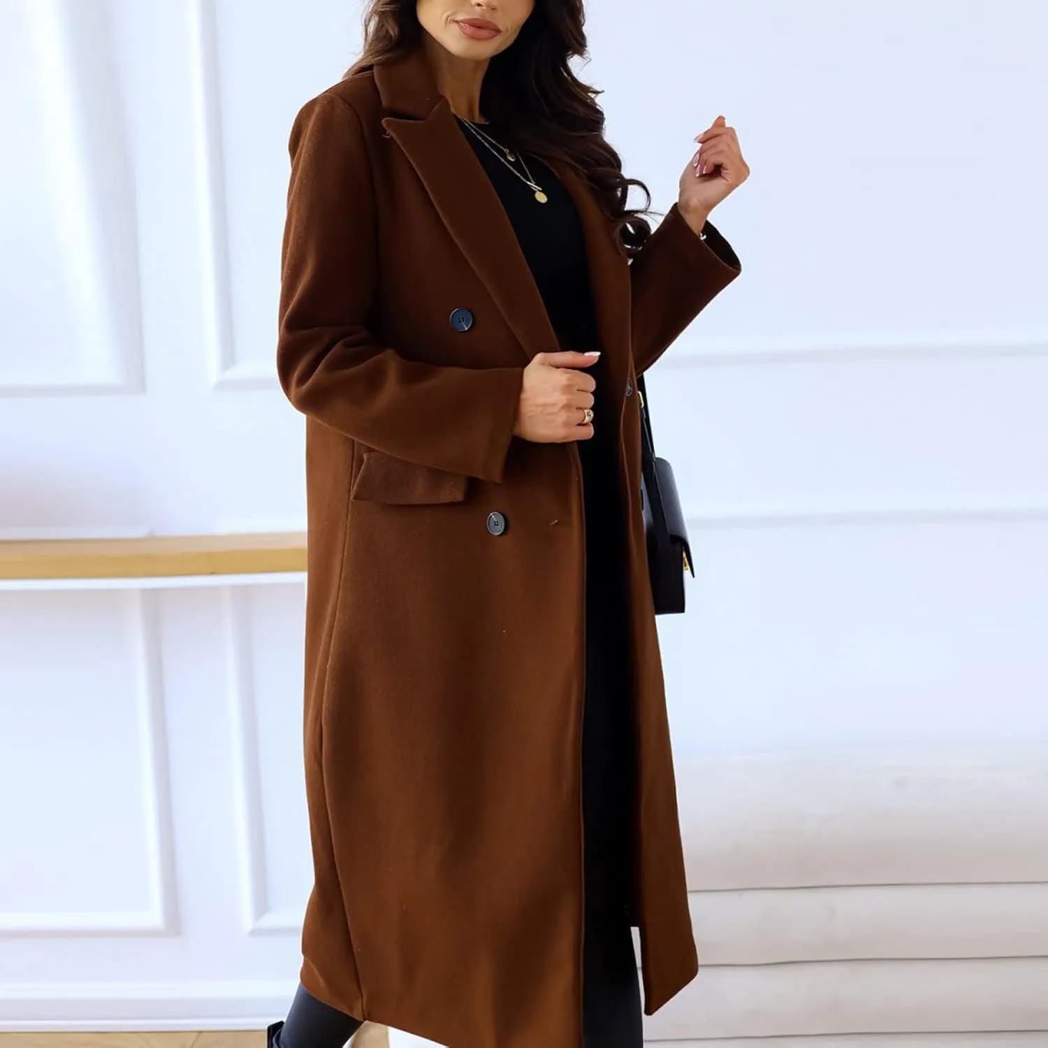 Womens Winter Coat Jacket Classic Soild Open Front Single-Breasted Peacoat Comfort Wool Blend Lapel Collar Long Jacket