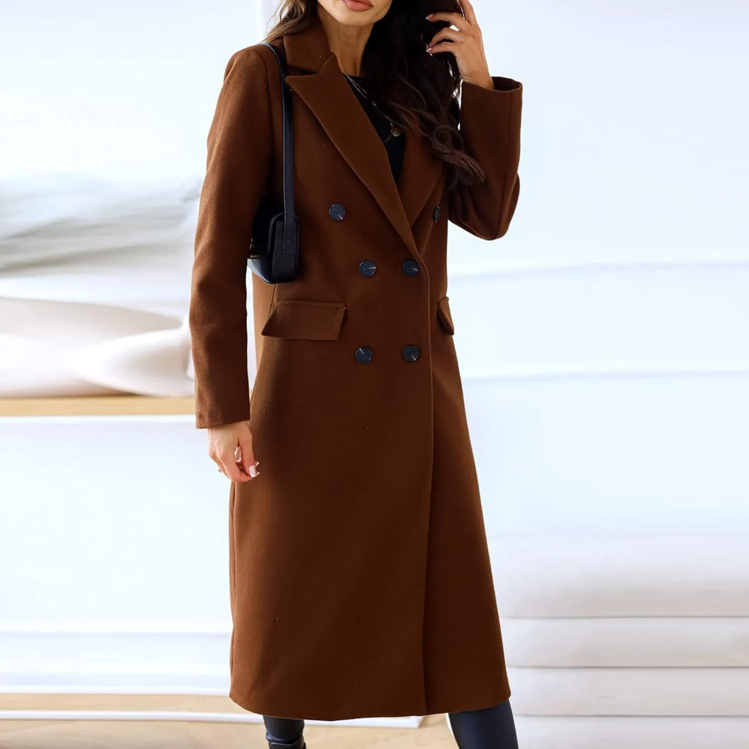 Womens Winter Coat Jacket Classic Soild Open Front Single-Breasted Peacoat Comfort Wool Blend Lapel Collar Long Jacket