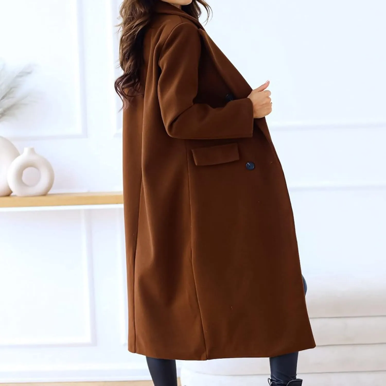 Womens Winter Coat Jacket Classic Soild Open Front Single-Breasted Peacoat Comfort Wool Blend Lapel Collar Long Jacket